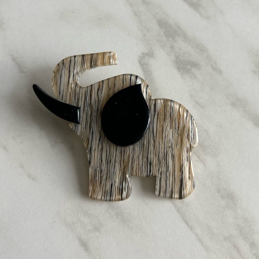 Vintage Lea Stein Brooch Pin - Black & Tan Elephant